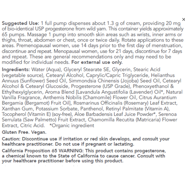 Progesterone Cream Lavender Supplement Facts Label