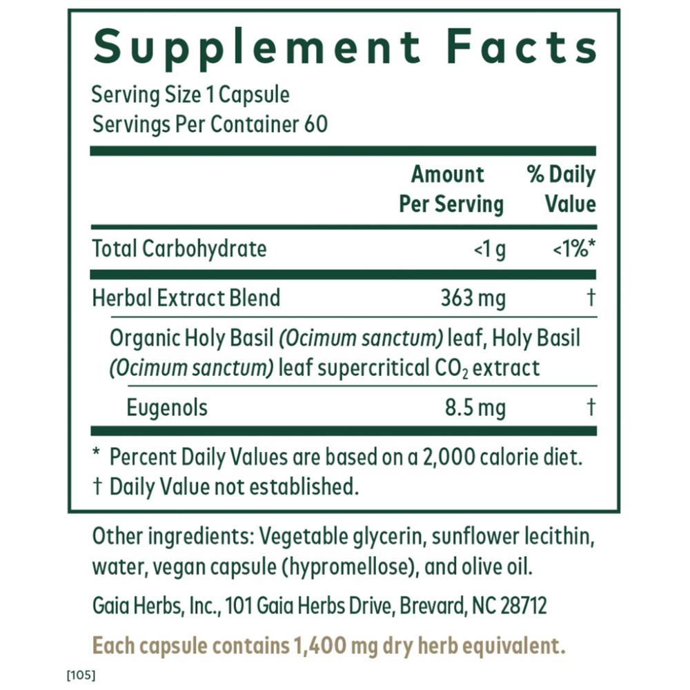 Holy Basil Supplement Facts Label