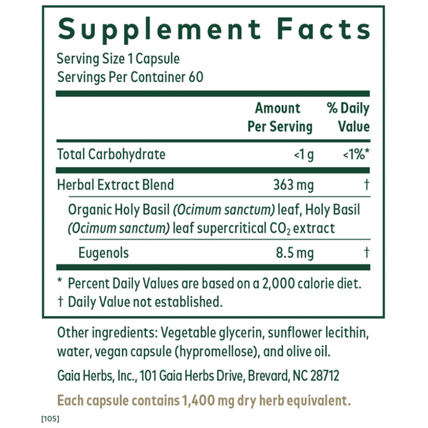 Holy Basil Supplement Facts Label
