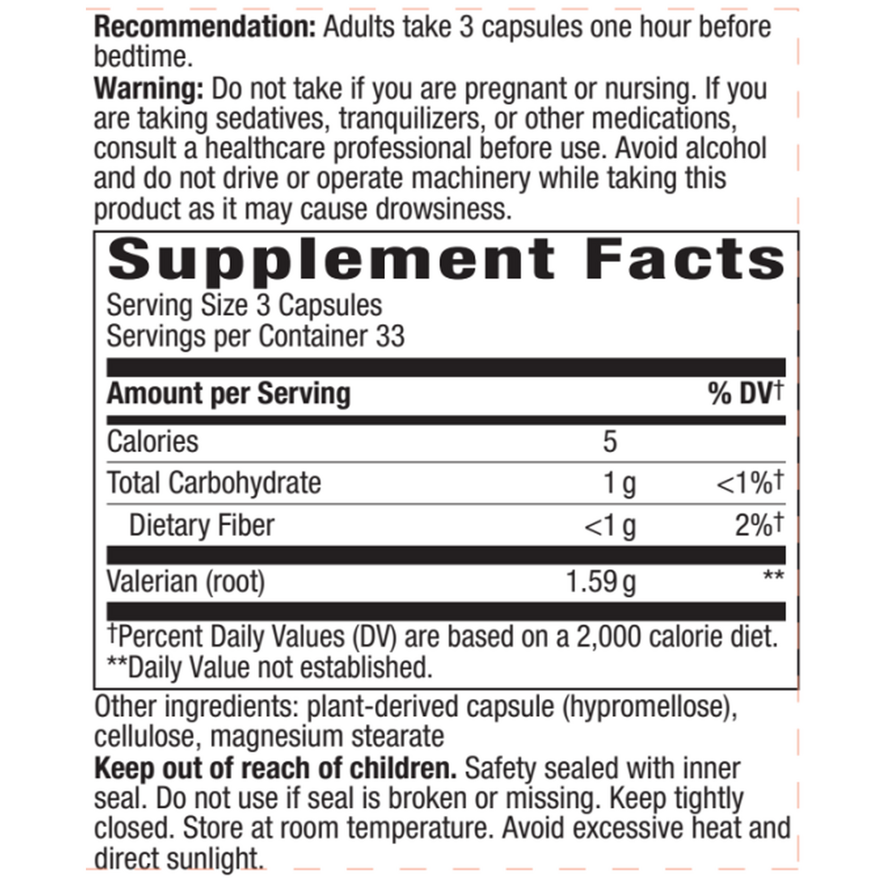 Valerian Root 100 Caps Supplement Facts Label