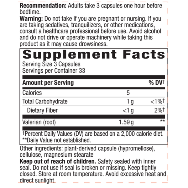 Valerian Root 100 Caps Supplement Facts Label