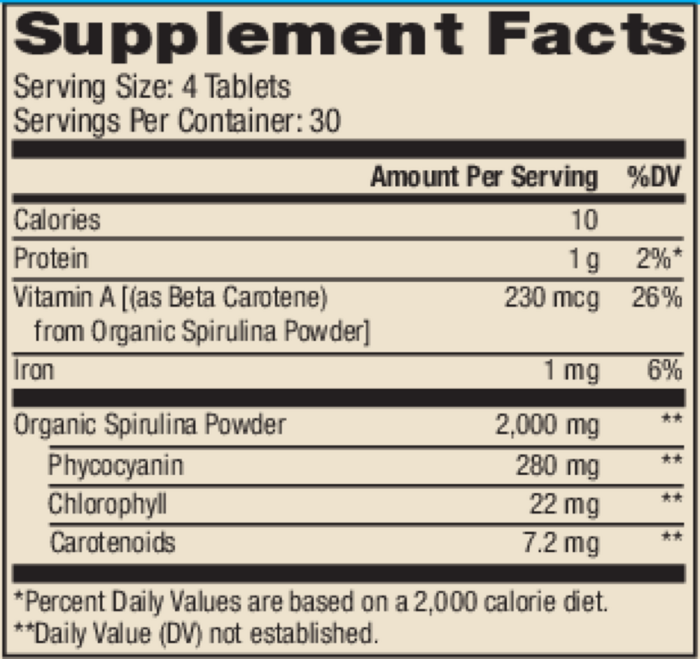 Organic Spirulina Supplement Facts Label