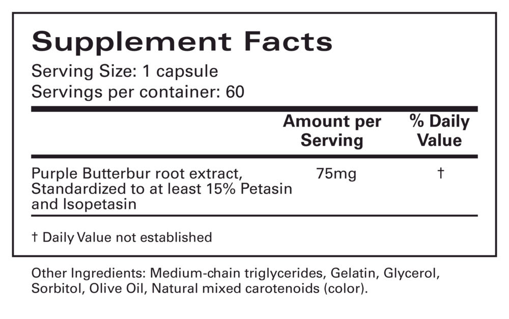 Petadolex 75 mg Supplement Facts Label