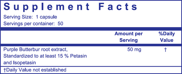Petadolex 50 mg Supplement Facts Label