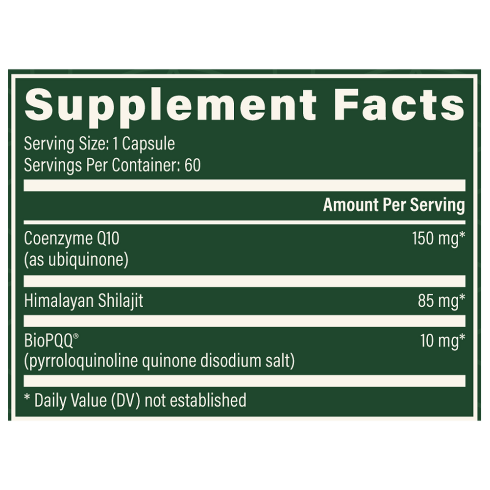 CoQ10 & BioPQQ with Shilajit Supplement Facts Label