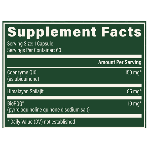 CoQ10 & BioPQQ with Shilajit Supplement Facts Label
