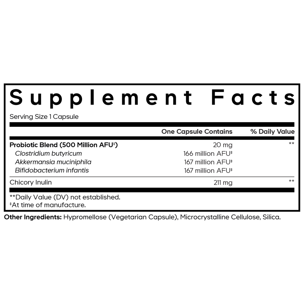 GLP-1 Probiotic+ Supplement with Akkermansia, 90-Day Supply Supplement Facts Label