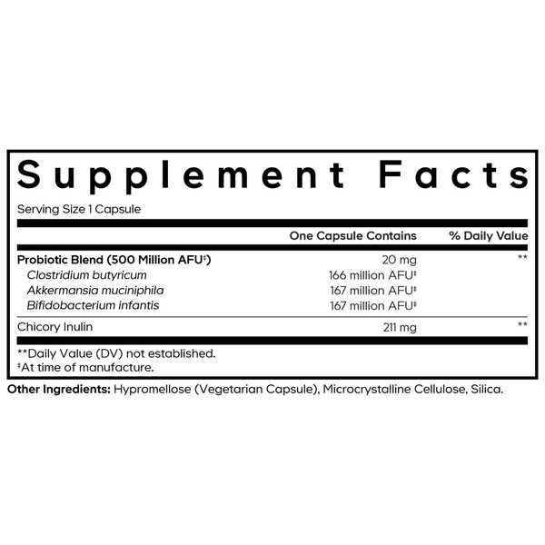 GLP-1 Probiotic+ Supplement with Akkermansia, 90-Day Supply Supplement Facts Label