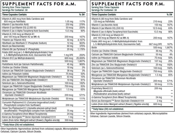 Multi-Vitamin Elite A.M & P.M. Supplement Facts Label
