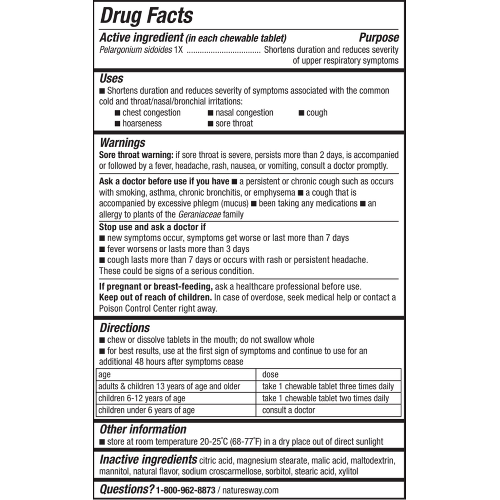 Umcka ColdCare Cherry Chewable 20 chew tabs Supplement Facts Label