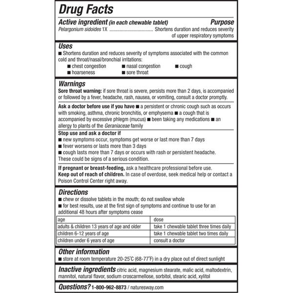 Umcka ColdCare Cherry Chewable 20 chew tabs Supplement Facts Label