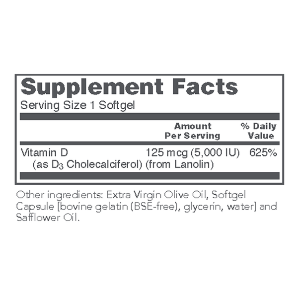 Vitamin D3 5000 IU Supplement Facts Label