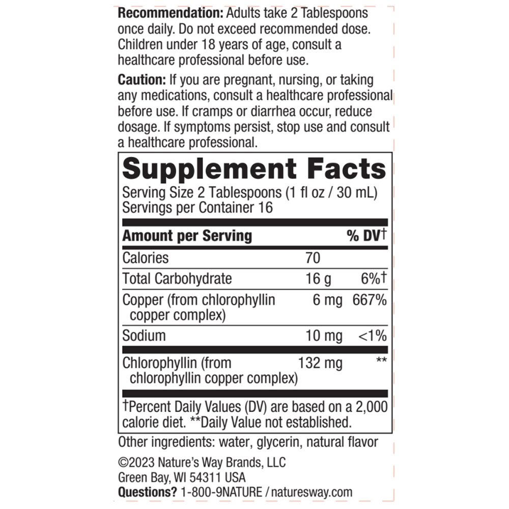 Chlorofresh Liquid (Mint Flavor) 16 oz Supplement Facts Label