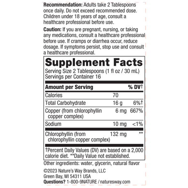 Chlorofresh Liquid (Mint Flavor) 16 oz Supplement Facts Label