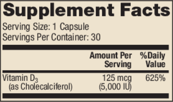 Liposomal Vitamin D3 5000 IU Supplement Facts Label