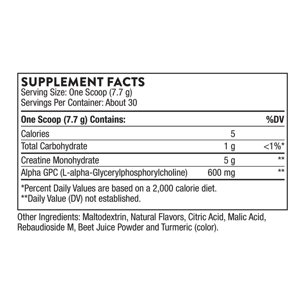 Creatine + Alpha GPC Watermelon Lemonade Flavored Supplement Facts Label