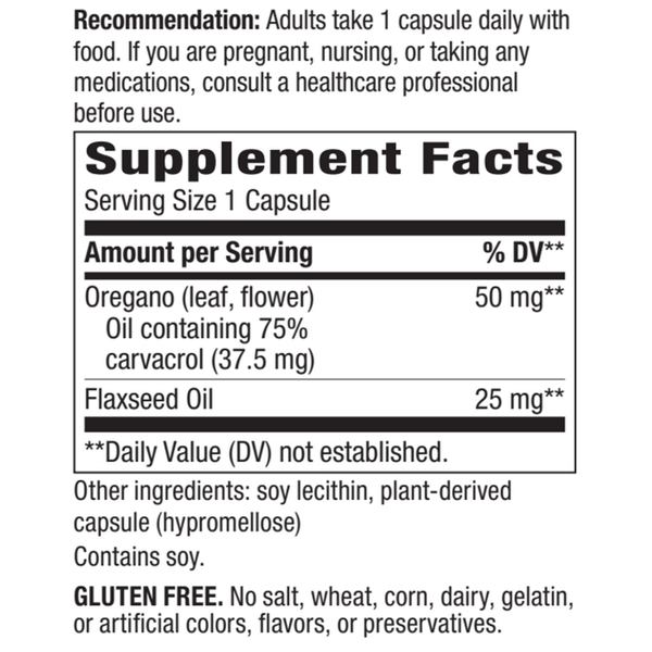 Oregano Oil (Std) 60 liquid veg capsules Supplement Facts Label