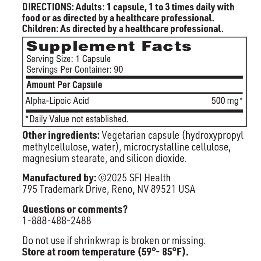 Alpha-Lipoic Acid 500 mg Supplement Facts Label