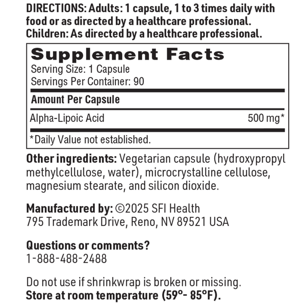Alpha-Lipoic Acid 500 mg Supplement Facts Label