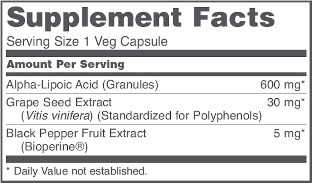 Alpha Lipoic Acid 600 mg Supplement Facts Label