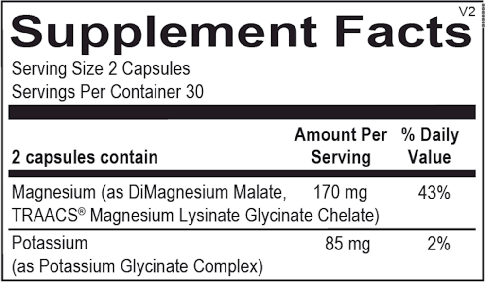 Reacted Magnesium & Potassium Supplement Facts Label