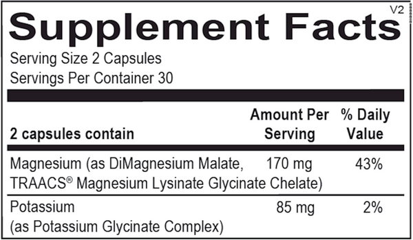 Reacted Magnesium & Potassium Supplement Facts Label