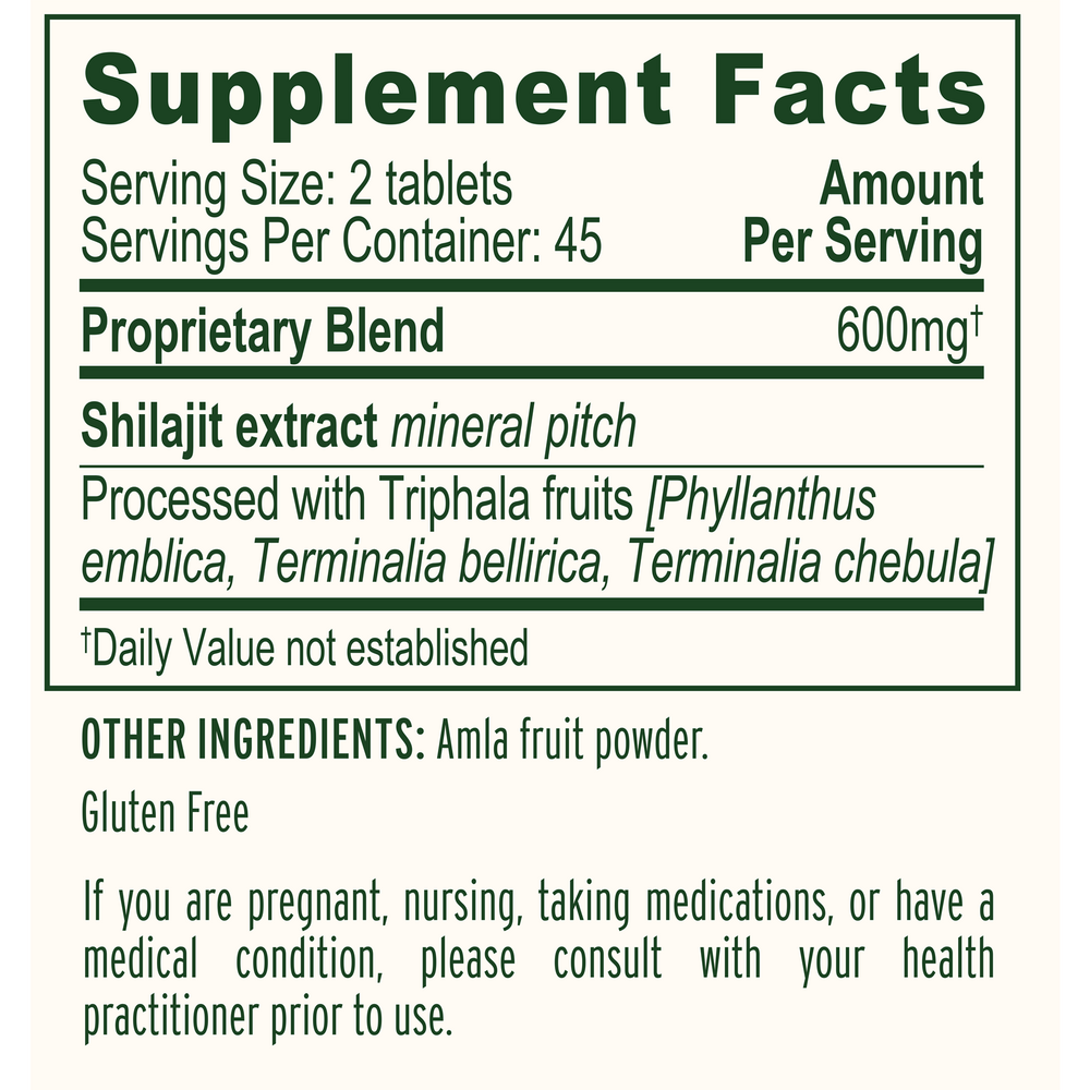 Shilajit Supplement Facts Label