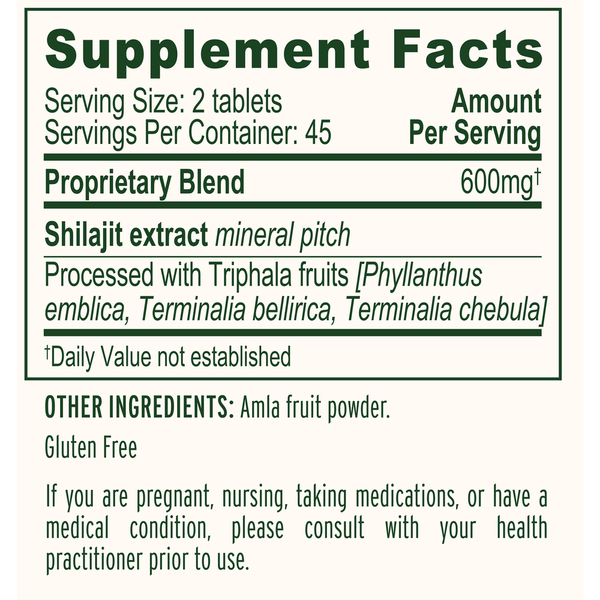 Shilajit Supplement Facts Label