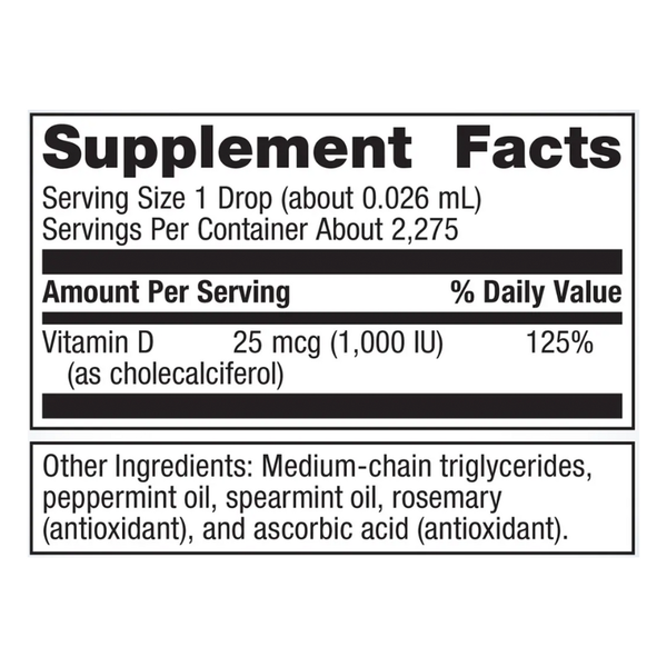 D3 Liquid 1000 IU Supplement Facts Label