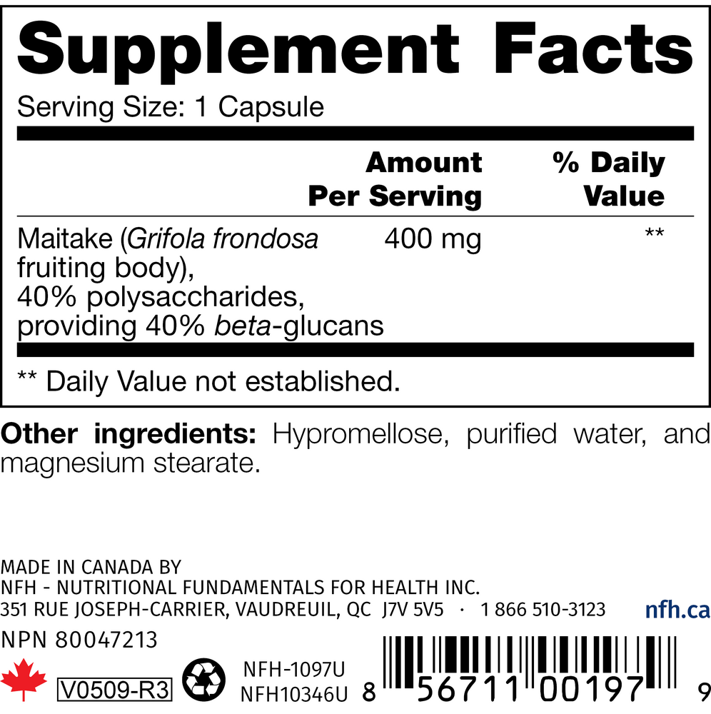 Maitake SAP Supplement Facts Label