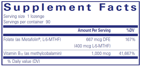 PureMelt B12 Folate 90's Supplement Facts Label