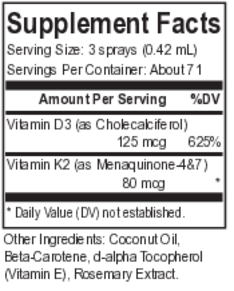 D3 K2 Lipo Spray Supplement Facts Label
