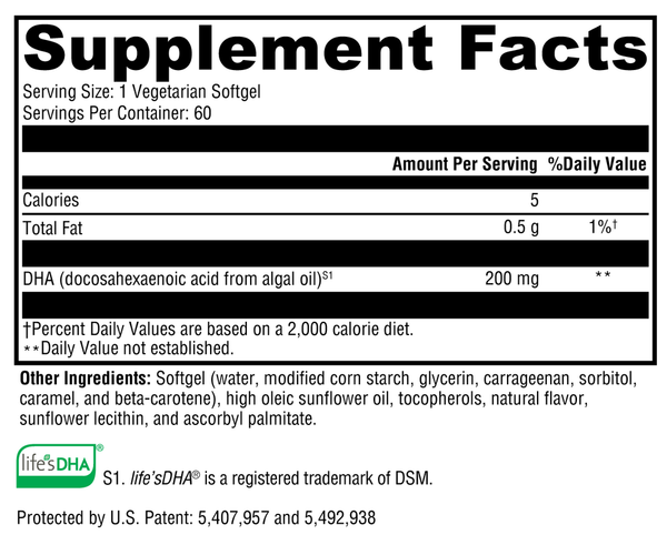 DHA from Algae Supplement Facts Label