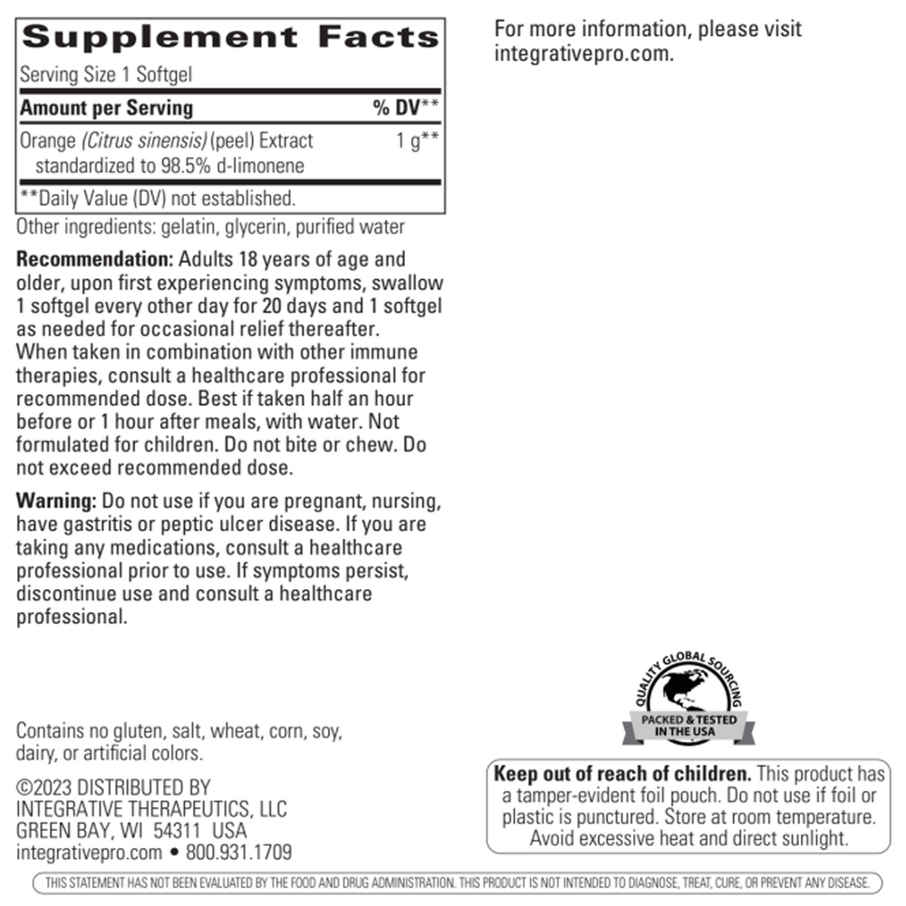 D-Limonene Softgel Supplement Facts Label