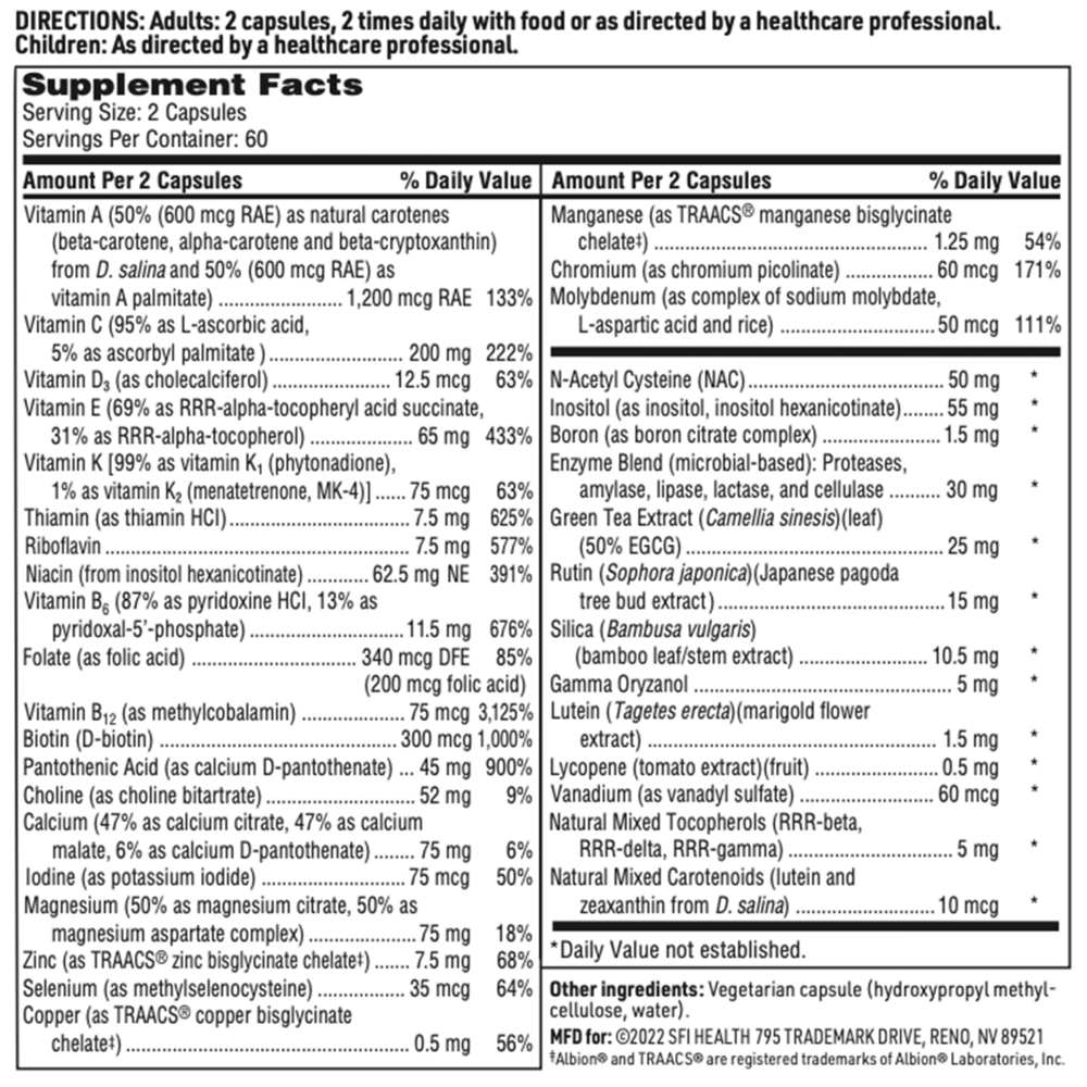 Core Multi Supplement Facts Label