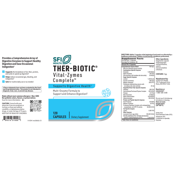 Ther-Biotic Vital-Zymes Complete Supplement Facts Label