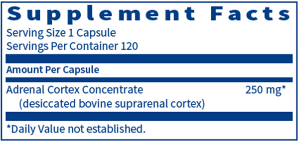 Adrenal Cortex 120 Count Supplement Facts Label