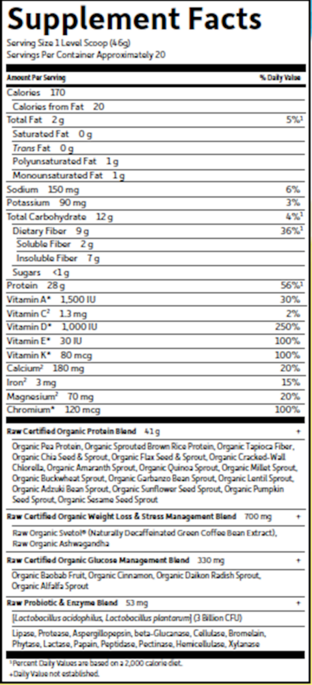 Raw Organic Fit Vanilla Supplement Facts Label
