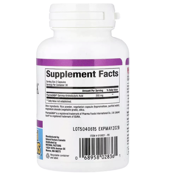 Pharma Gaba 100 mg Vegetarian Capsules Supplement Facts Label