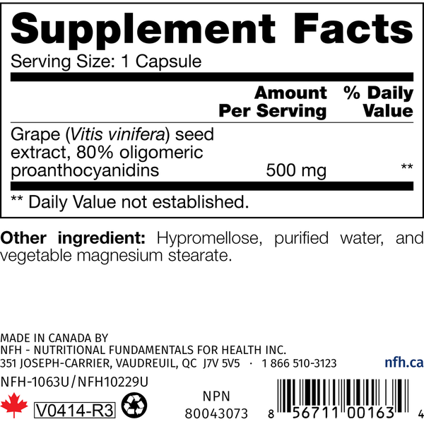 Grape Seed SAP Supplement Facts Label