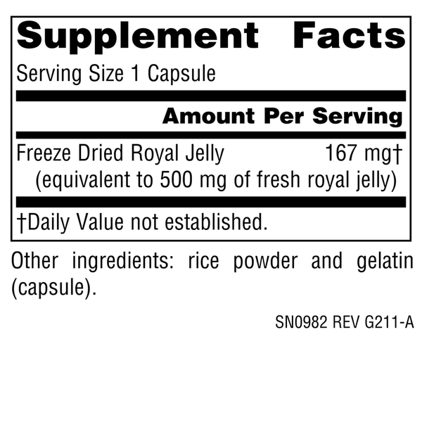 Royal Jelly 500 mg Supplement Facts Label