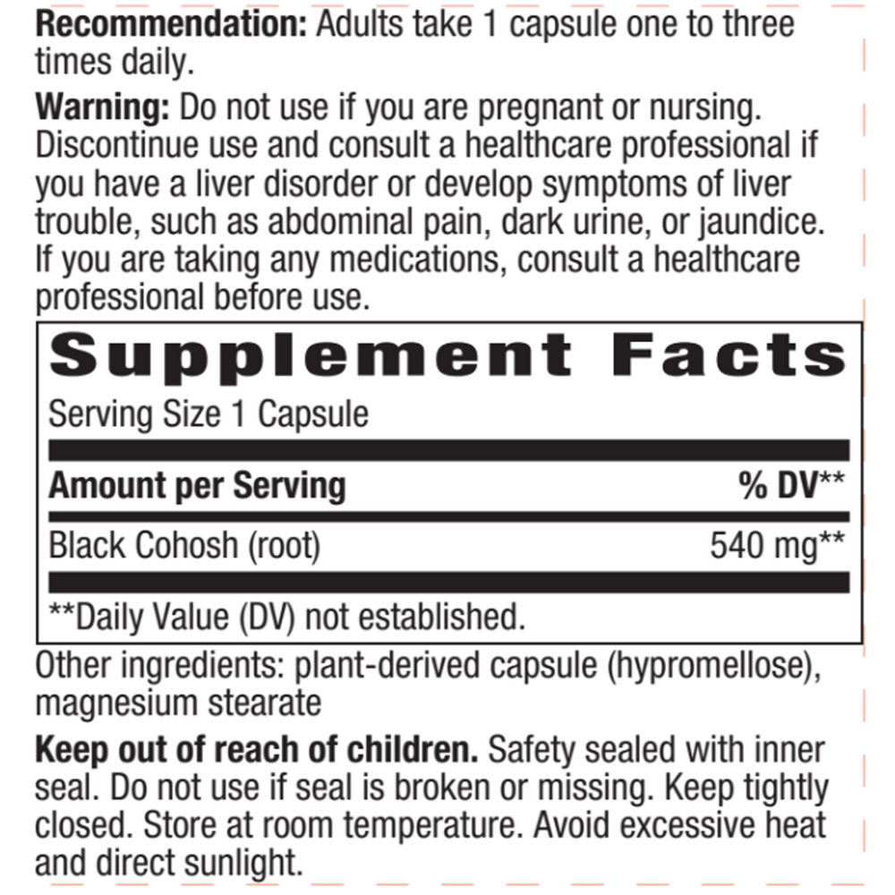 Black Cohosh Root 540 mg Supplement Facts Label