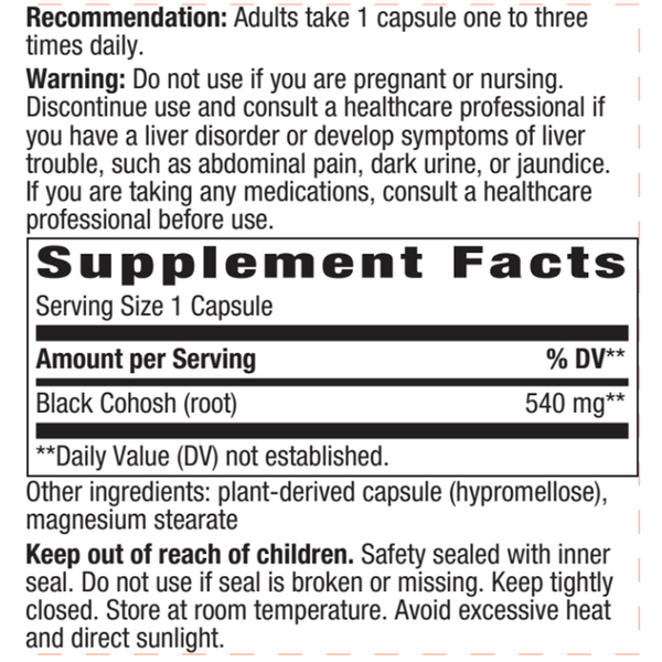 Black Cohosh Root 540 mg Supplement Facts Label
