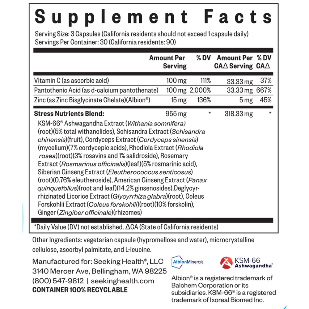 BACKORDER ONLY - Stress Nutrients Supplement Facts Label