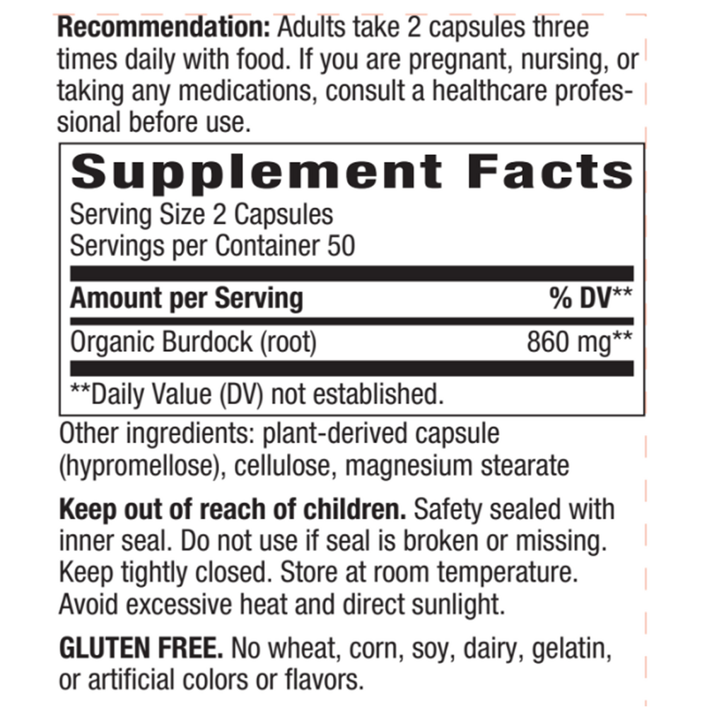 Burdock Root 100 Veg Capsules Supplement Facts Label
