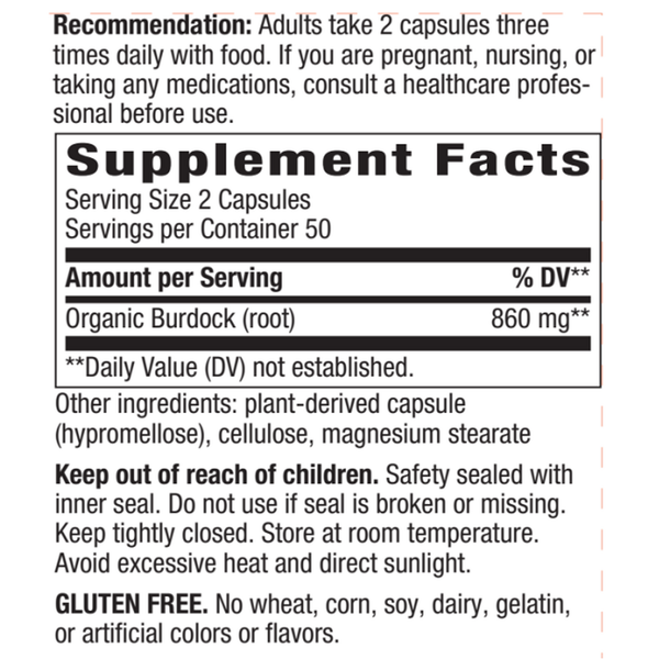 Burdock Root 100 Veg Capsules Supplement Facts Label