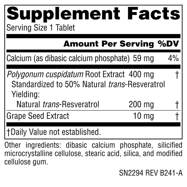 Resveratrol 200 Supplement Facts Label