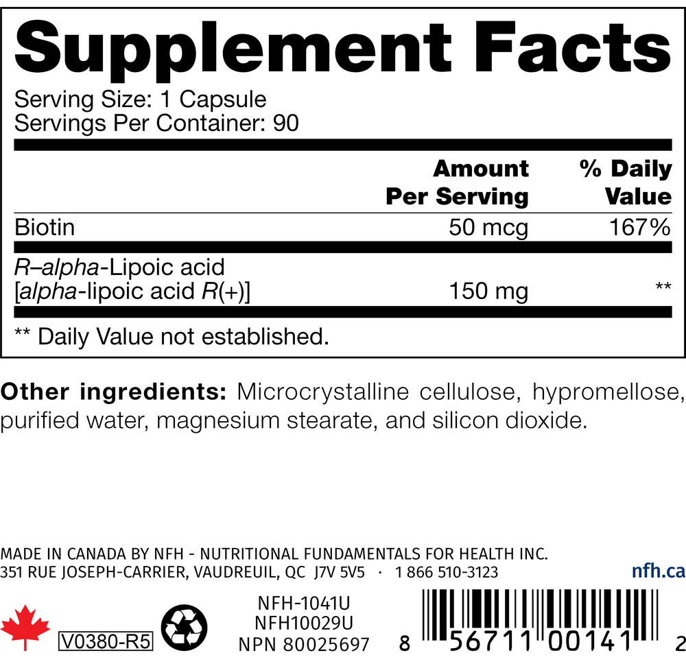 ALA R+ SAP Supplement Facts Label