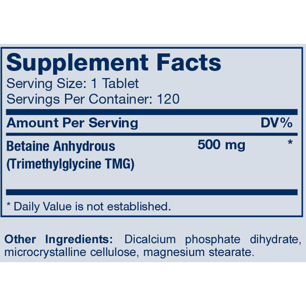 TMG Tablets Supplement Facts Label