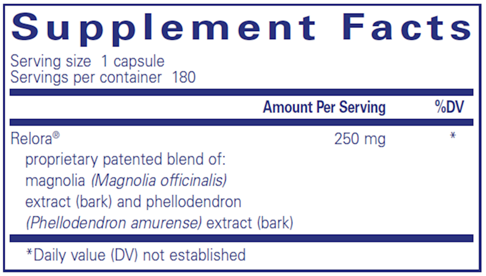 Relora 180 Count Supplement Facts Label